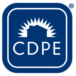 Logo with a rising sun and CDPE initials inside a blue square.