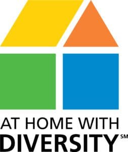 Colorful house-shaped logo with the text 'At Home With Diversity'.
