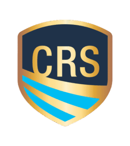 Glossy shield logo with CRS initials and blue-gold stripes.