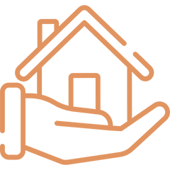 An orange hand holding a house icon, symbolizing home care or real estate.