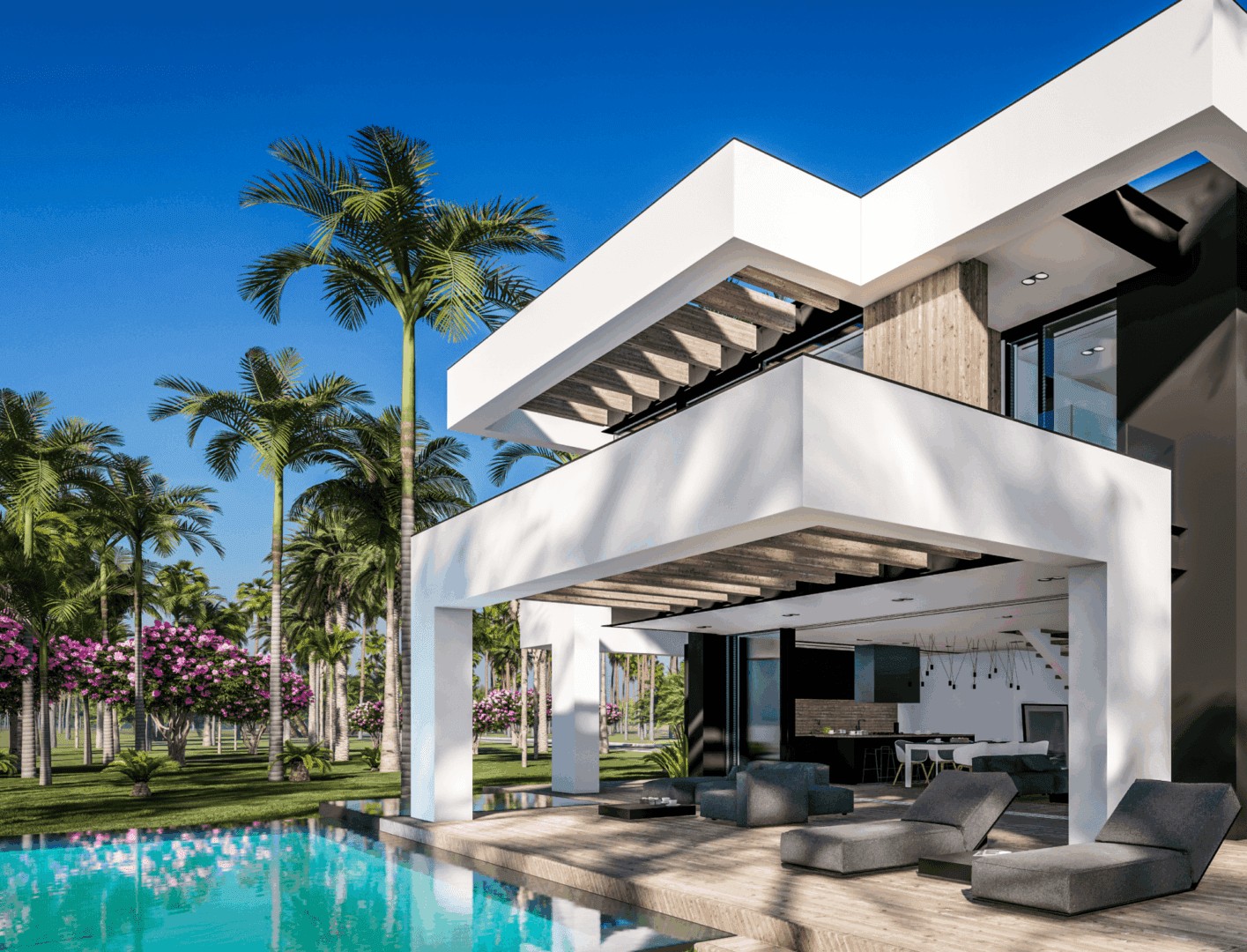 Modern house with pool and palm trees.