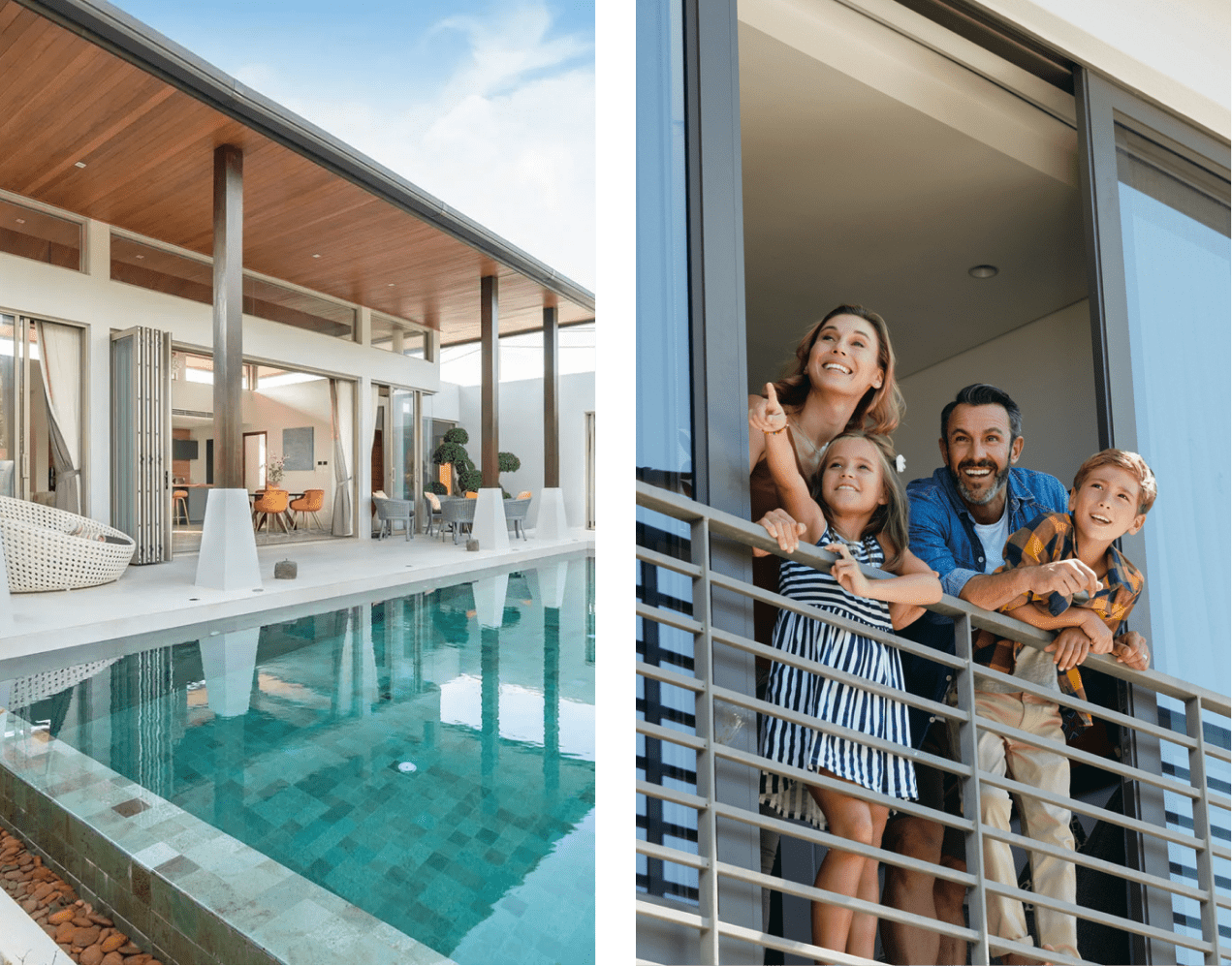 Modern house with pool, happy family inside.