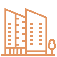 Outline of modern buildings and tree.