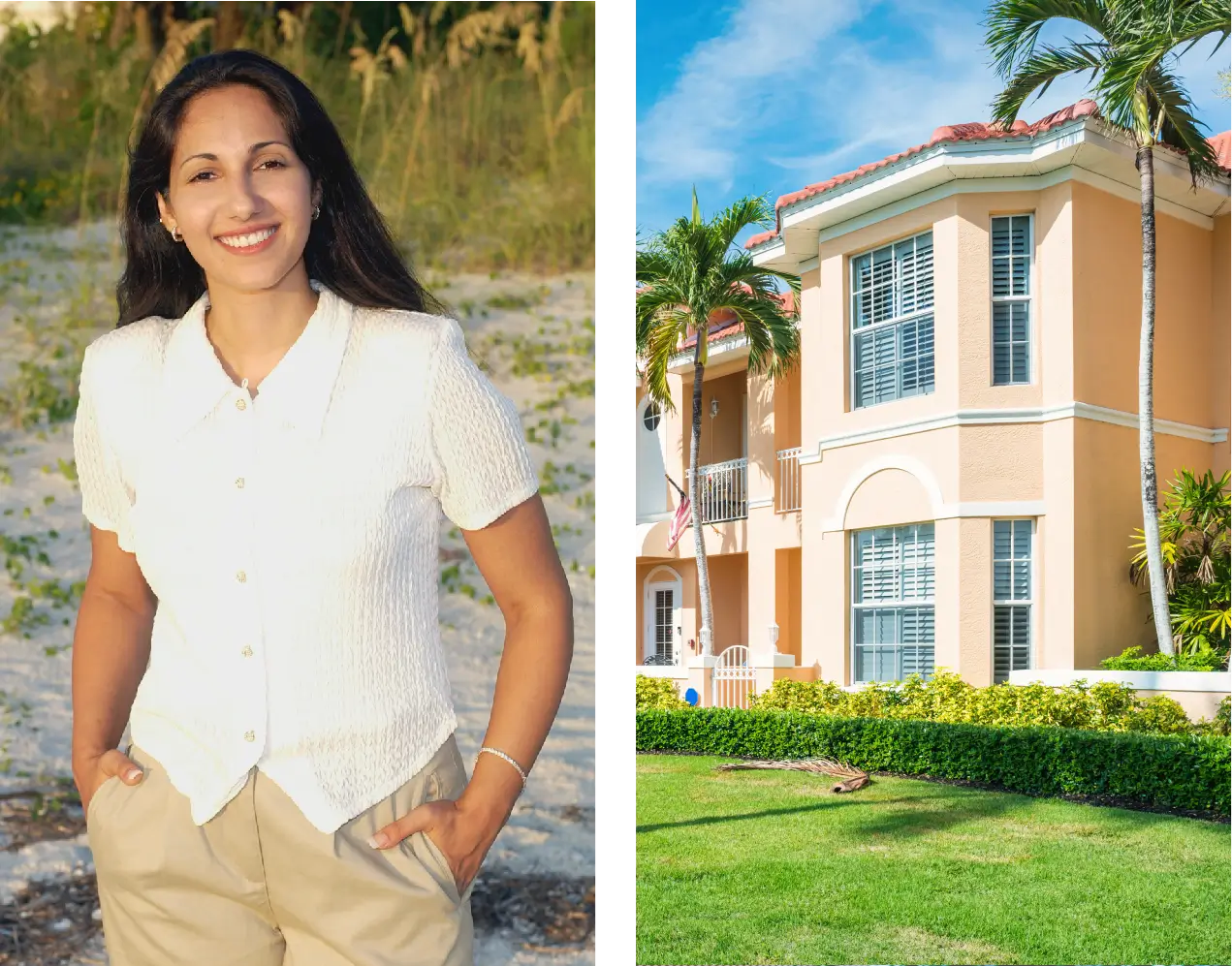 A smiling woman stands outdoors near a large, elegant house with lush landscaping.